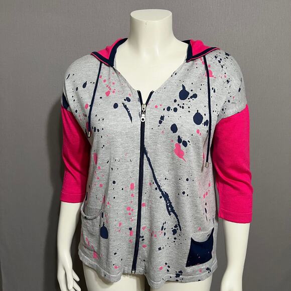 Angel Gray Paint Splatter With Pink Sleeve Zip Up Cardigan Sz-Medium - Picture 2 of 9